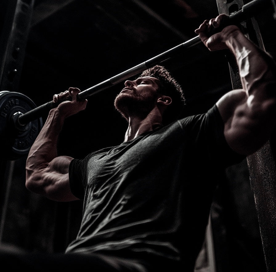 Man lifting a barbell in a dark gym setting